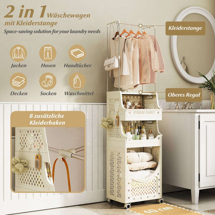 4-stöckiger Wäschewagen mit Kleiderstange, faltbar, Beige