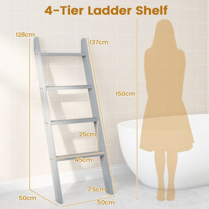 4-Tier Leaning Ladder Shelf, Pine Wood, Grey