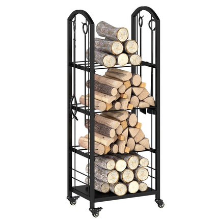 4-Tier Rolling Firewood Rack with Tools – Indoor/Outdoor