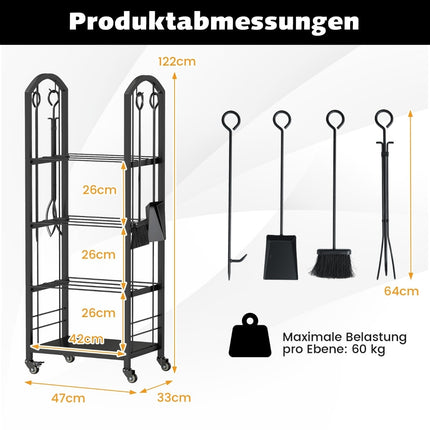 4-Tier Rolling Firewood Rack with Tools – Indoor/Outdoor