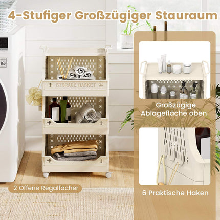 4-Tier Rolling Laundry Basket with Handles & Hooks