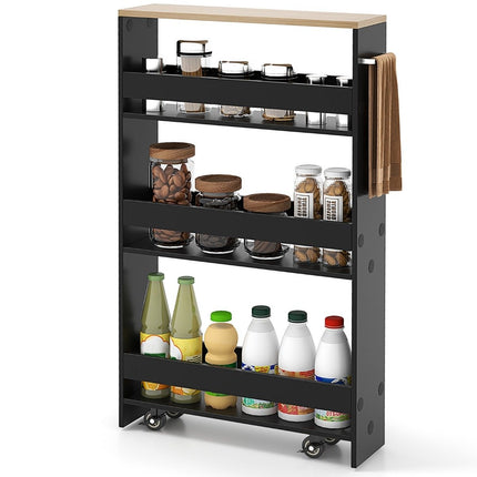 4-Tier Rolling Wood Storage Cart with Handle, Black/Natural