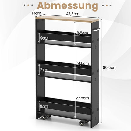 4-Tier Rolling Wood Storage Cart with Handle, Black/Natural