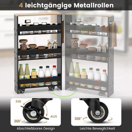 4-Tier Rolling Wood Storage Cart with Handle, Black/Natural