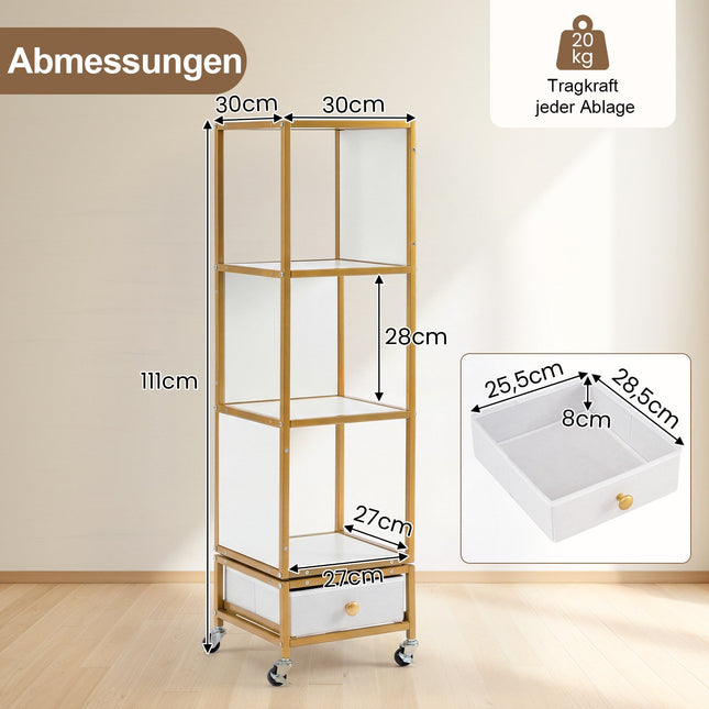 4-Tier Rotating Bookshelf with Wheels and Fabric Drawer
