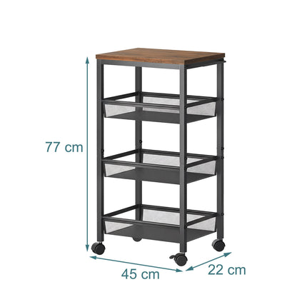 4-Tier Slim Kitchen Trolley – Metal & MDF, Mobile Storage