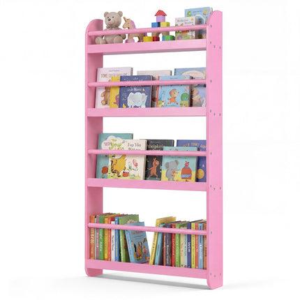 4-Tier Wall-Mounted Kids Bookshelf, Pink Cover Display