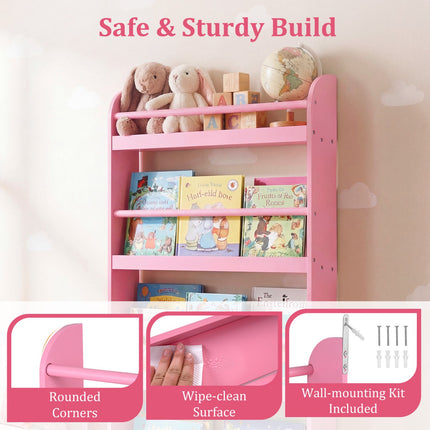 4-Tier Wall-Mounted Kids Bookshelf, Pink Cover Display