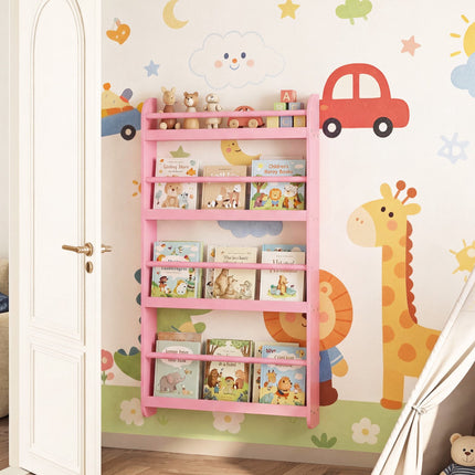 4-Tier Wall-Mounted Kids Bookshelf, Pink Cover Display