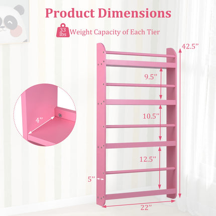 4-Tier Wall-Mounted Kids Bookshelf, Pink Cover Display