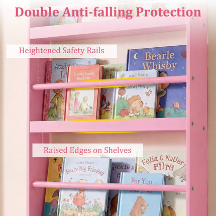 4-Tier Wall-Mounted Kids Bookshelf, Pink Cover Display