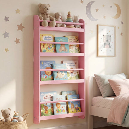 4-Tier Wall-Mounted Kids Bookshelf, Pink Cover Display