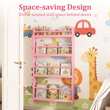 4-Tier Wall-Mounted Kids Bookshelf, Pink Cover Display