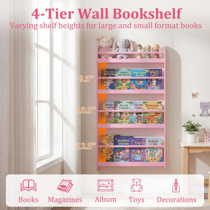 4-Tier Wall-Mounted Kids Bookshelf, Pink Cover Display