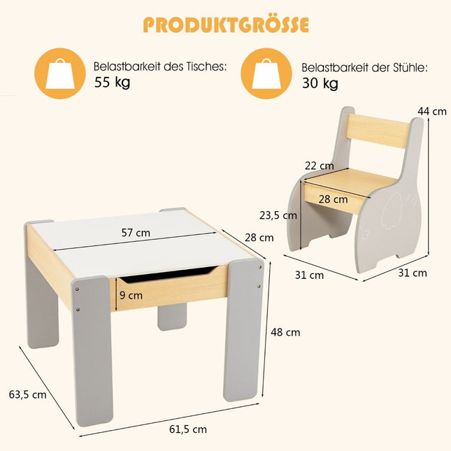 4 in 1 3 tlg. Kindersitzgruppe aus Holz mit abnehmbarem Brett und Stauraum in grau