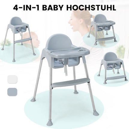 4 in 1 Babyhochstuhl aus PP &amp; Edelstahl Hochstuhl umbaubar mit abnehmbarem Doppeltablett Grau