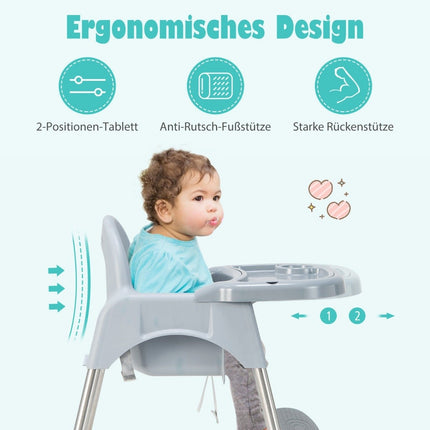 4 in 1 Babyhochstuhl aus PP &amp; Edelstahl Hochstuhl umbaubar mit abnehmbarem Doppeltablett Grau