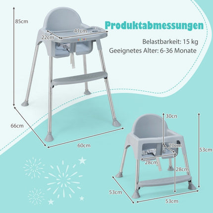 4 in 1 Babyhochstuhl aus PP &amp; Edelstahl Hochstuhl umbaubar mit abnehmbarem Doppeltablett Grau