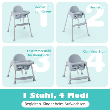 4 in 1 Babyhochstuhl aus PP &amp; Edelstahl Hochstuhl umbaubar mit abnehmbarem Doppeltablett Grau