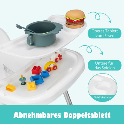 4 in 1 Babyhochstuhl aus PP &amp; Edelstahl Hochstuhl umbaubar mit abnehmbarem Doppeltablett Weiß