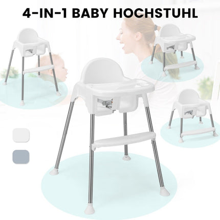 4 in 1 Babyhochstuhl aus PP &amp; Edelstahl Hochstuhl umbaubar mit abnehmbarem Doppeltablett Weiß