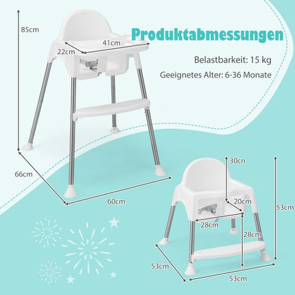 4 in 1 Babyhochstuhl aus PP &amp; Edelstahl Hochstuhl umbaubar mit abnehmbarem Doppeltablett Weiß
