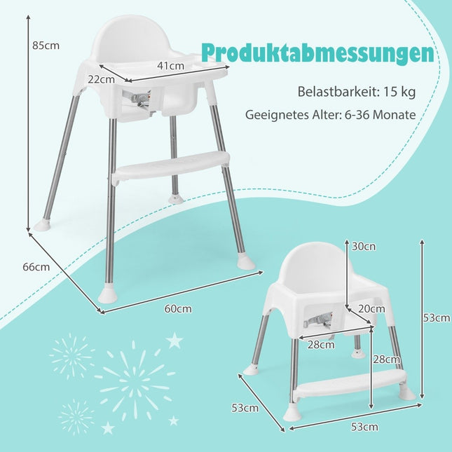 4 in 1 Babyhochstuhl aus PP &amp; Edelstahl Hochstuhl umbaubar mit abnehmbarem Doppeltablett Weiß