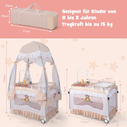 4-in-1 Babyreisebett mit Verdeck, Matratze, Rosa