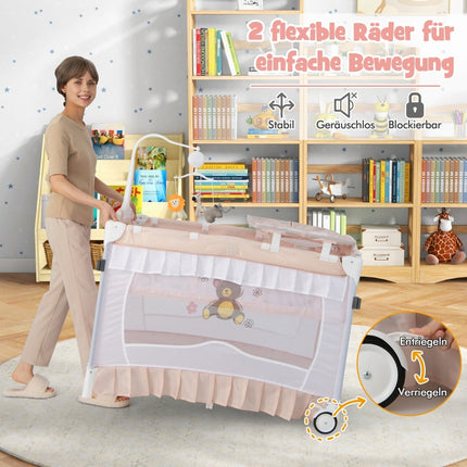 4-in-1 Babyreisebett mit Verdeck, Matratze, Rosa