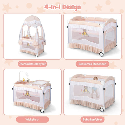 4-in-1 Babyreisebett mit Verdeck, Matratze, Rosa