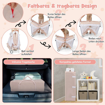4-in-1 Babyreisebett mit Verdeck, Matratze, Rosa