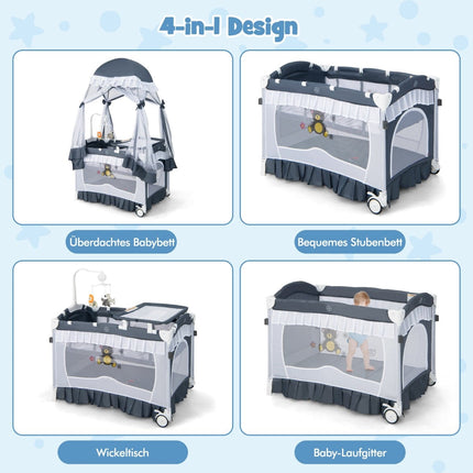 4-in-1 Baby-Reisebett mit Verdeck und Matratze, Grau
