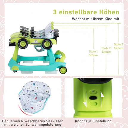 4 in 1 Baby Walker, Adjustable Height, Foldable, Green