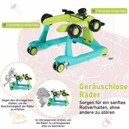 4 in 1 Baby Walker, Adjustable Height, Foldable, Green
