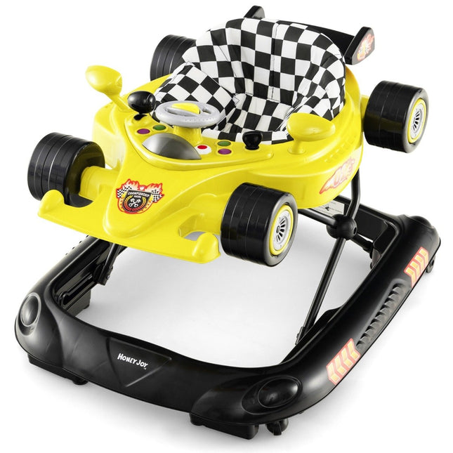 4-in-1-Lauflernhilfe für Babys mit einstellbarer Höhe und abnehmbarem Spieltablett, Lauflernwagen in Autoform, Gelb
