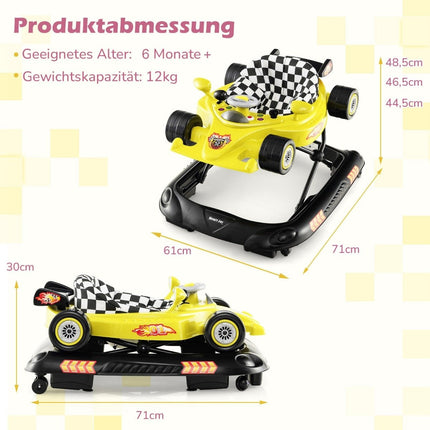 4-in-1-Lauflernhilfe für Babys mit einstellbarer Höhe und abnehmbarem Spieltablett, Lauflernwagen in Autoform, Gelb