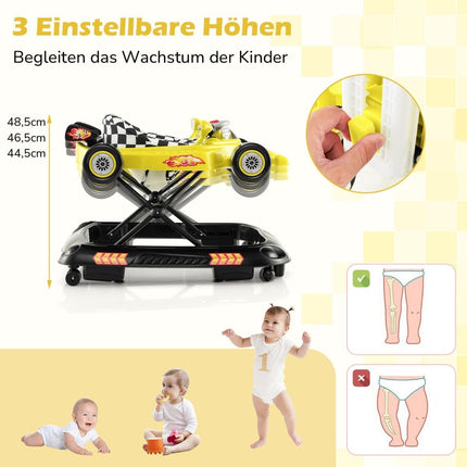 4-in-1-Lauflernhilfe für Babys mit einstellbarer Höhe und abnehmbarem Spieltablett, Lauflernwagen in Autoform, Gelb