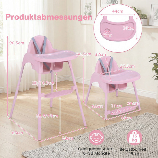 4-in-1 umwandelbarer Babyhochstuhl mit verstellbarem Tablett, Pink