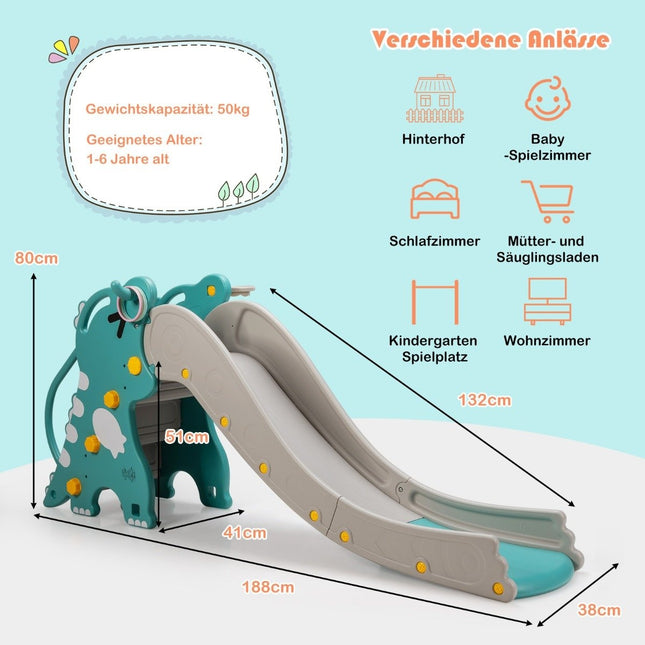 4-in-1 Dinosaurierrutsche, Kletter- und Rutschspielset für Babys mit Basketballkorb, 188 x 65 x 80 cm