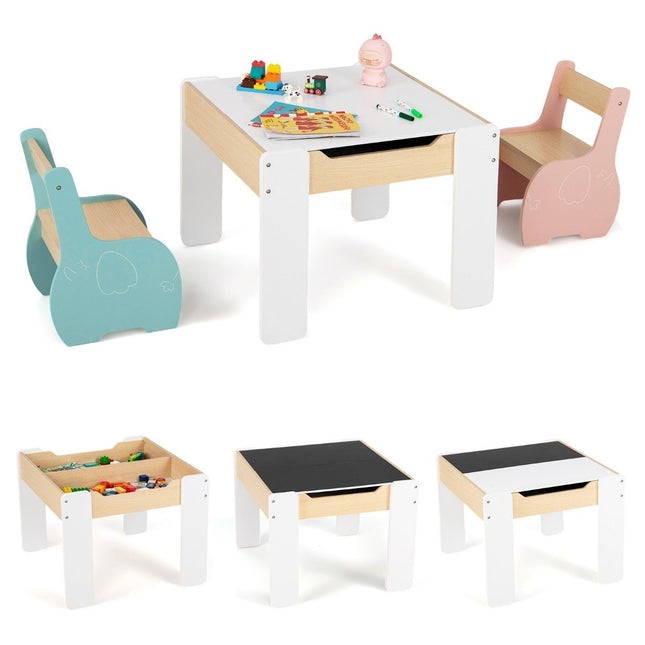4-in-1 Kinder Holztisch-Set mit Aufbewahrung und Kreidetafel