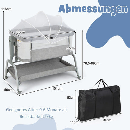 4 in 1 Mobile Baby Bed with Mosquito Net & Mattress & 6 Adjustable Heights Grey
