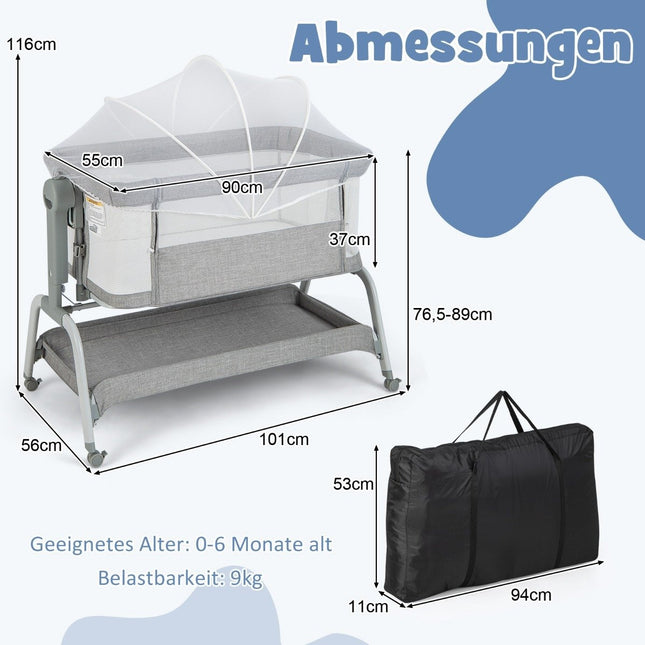 4 in 1 Mobiles Babybett mit Moskitonetz &amp; Matratze &amp; 6-fach Höhenverstellung Grau