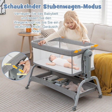 4 in 1 Mobile Baby Bed with Mosquito Net & Mattress & 6 Adjustable Heights Grey