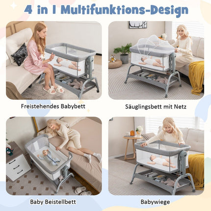 4 in 1 Mobile Baby Bed with Mosquito Net & Mattress & 6 Adjustable Heights Grey