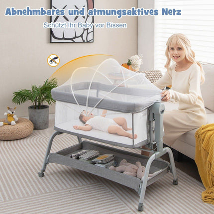 4 in 1 Mobile Baby Bed with Mosquito Net & Mattress & 6 Adjustable Heights Grey