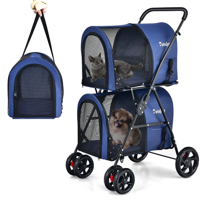 4-in-1 Multifunktions-Kinderwagen, doppellagiger Haustier-Kinderwagen, Blau