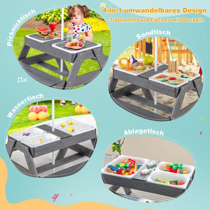 4-in-1-Picknicktisch-Set für Kinder mit 3 herausnehmbaren Behältern für Sand-/Wasserspieltisch