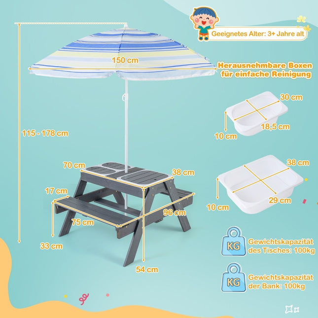 4-in-1-Picknicktisch-Set für Kinder mit 3 herausnehmbaren Behältern für Sand-/Wasserspieltisch