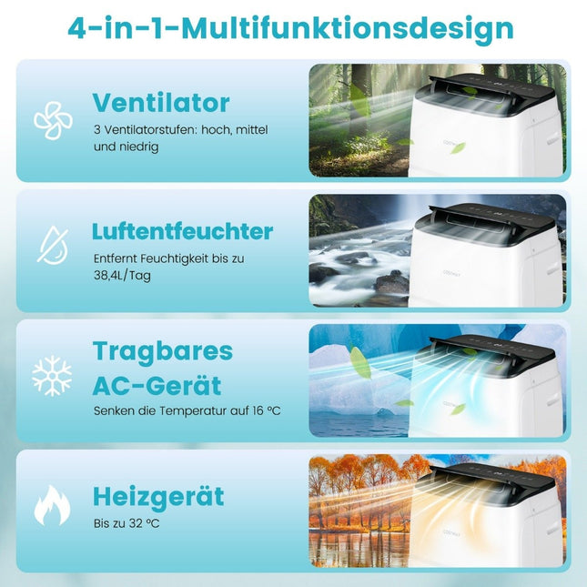 Tragbare 4-in-1-Klimaanlage, 14000 BTU, Heizen &amp; Kühlen &amp; Lüfter &amp; Entfeuchten (4,1 kW – 14000 – 40 m²)
