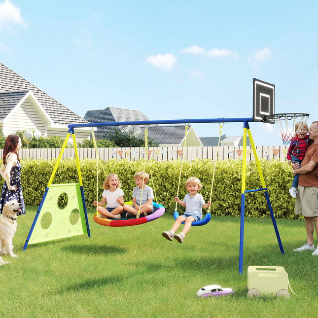 4-in-1 Schaukelset mit Nestschaukel, Basketball- und Fußballtor
